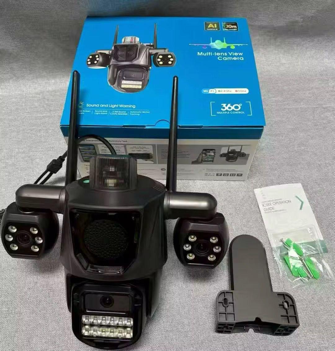 Cameră Supraveghere Triplă WiFi – Vizzyo TriShield 3 în 1, 9MP, PTZ 360°, Audio Bidirecțional, IP66
