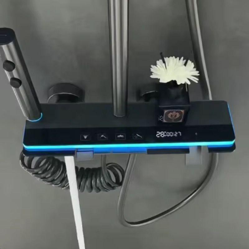 Coloană de Duș Termostatică Premium din Aluminiu, cu Display LED Temperatură, Sistem Rainfall 4 Funcții, Montare pe Perete, Finisaj Gun Grey