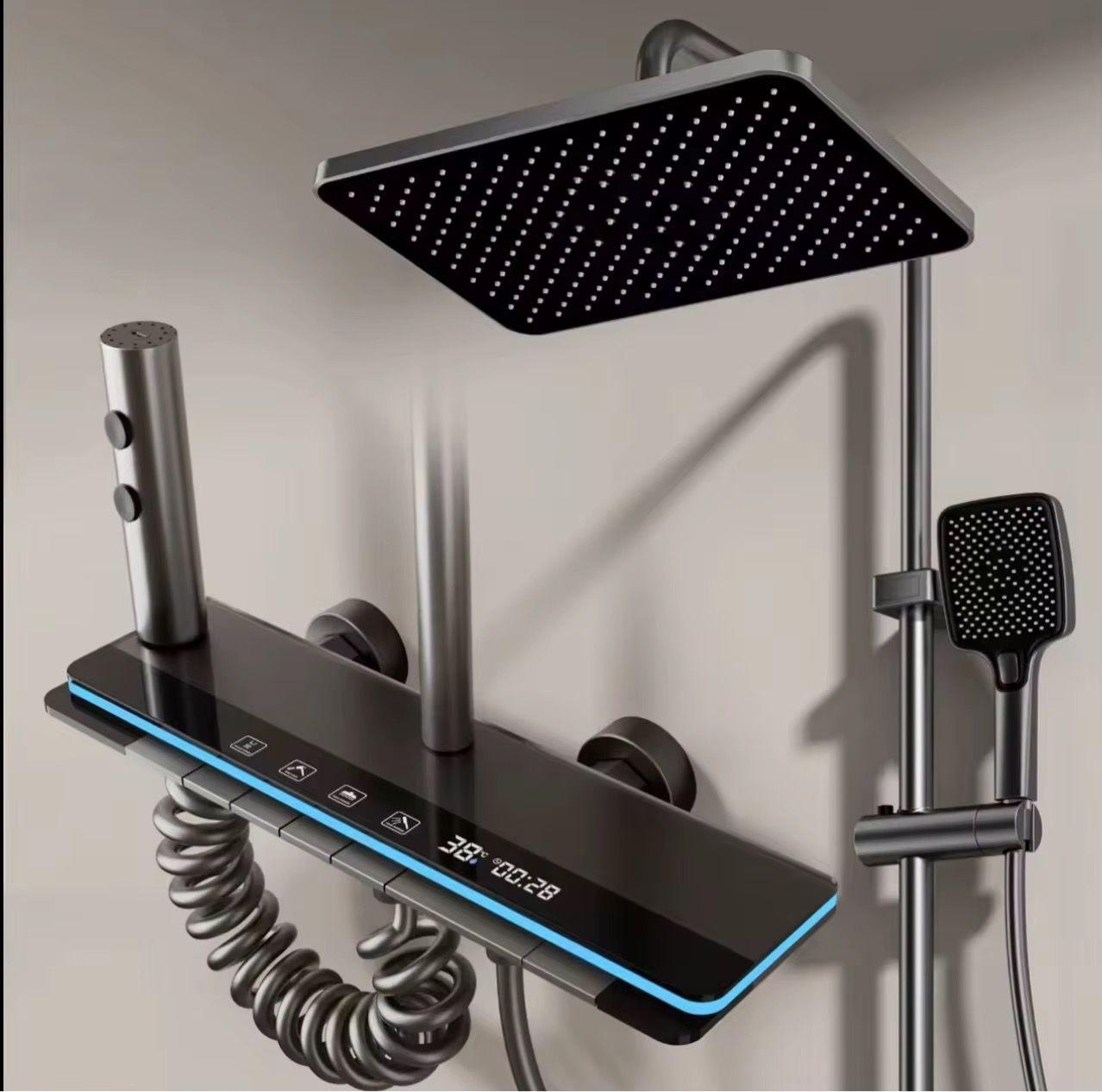 Coloană de Duș Termostatică Premium din Aluminiu, cu Display LED Temperatură, Sistem Rainfall 4 Funcții, Montare pe Perete, Finisaj Gun Grey