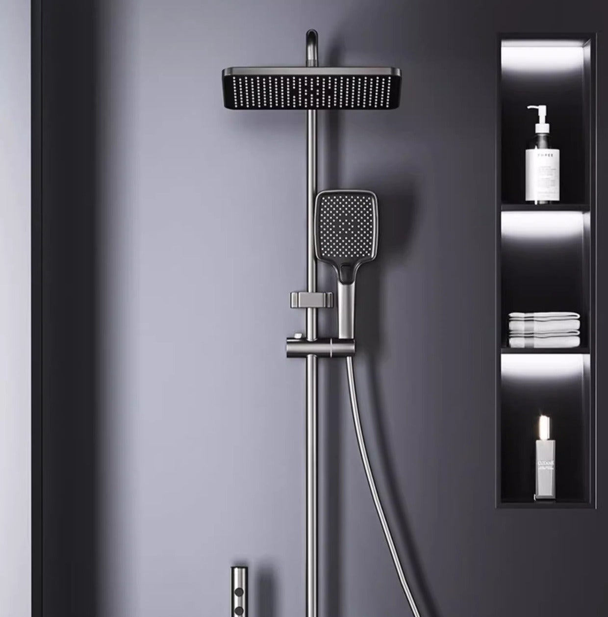 Coloană de Duș Termostatică Premium din Aluminiu, cu Display LED Temperatură, Sistem Rainfall 4 Funcții, Montare pe Perete, Finisaj Gun Grey