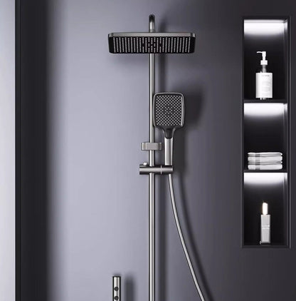 Coloană de Duș Termostatică Premium din Aluminiu, cu Display LED Temperatură, Sistem Rainfall 4 Funcții, Montare pe Perete, Finisaj Gun Grey