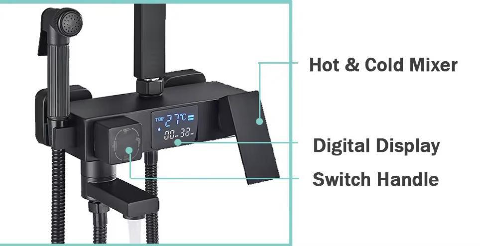 Sistem de Dus Premium cu Afisaj Digital LCD, 5 Functii, Control Tip Piano, Cap Ploaie, Para Dus si Baterie Cascada, Negru Mat
