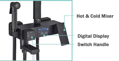Sistem de Dus Premium cu Afisaj Digital LCD, 5 Functii, Control Tip Piano, Cap Ploaie, Para Dus si Baterie Cascada, Negru Mat