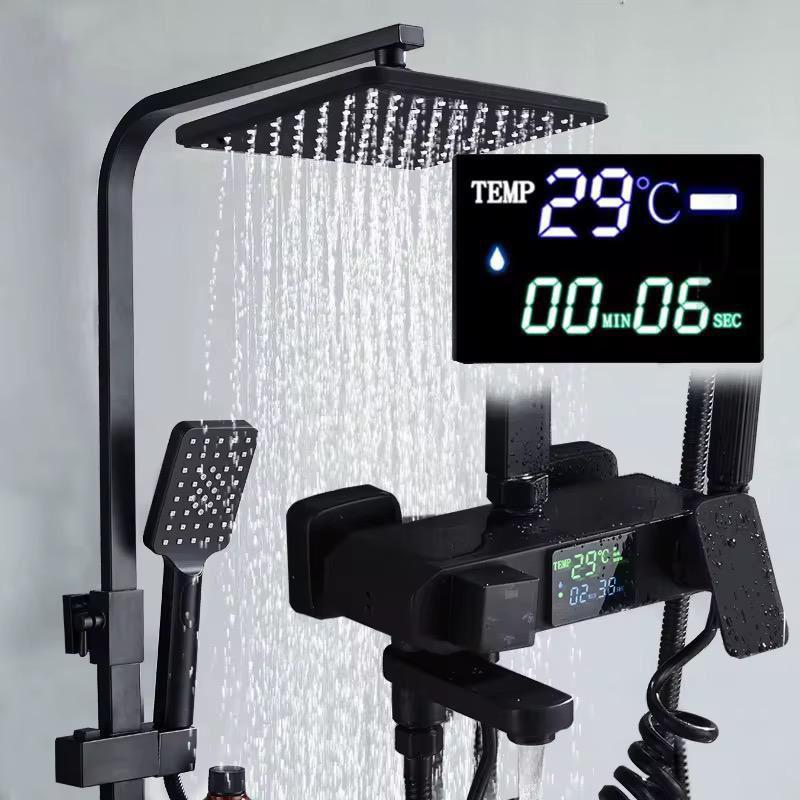 Sistem de Dus Premium cu Afisaj Digital LCD, 5 Functii, Control Tip Piano, Cap Ploaie, Para Dus si Baterie Cascada, Negru Mat