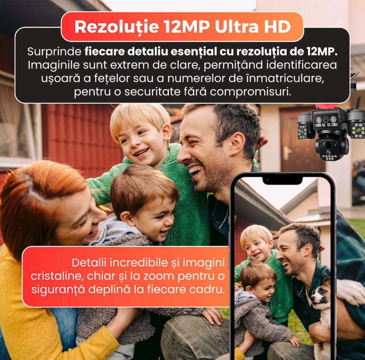 Camera Video PTZ 4G 12MP cu Alimentare Solara, IP66, Rotire 355°, Detectare Miscare si Audio Bidirectional