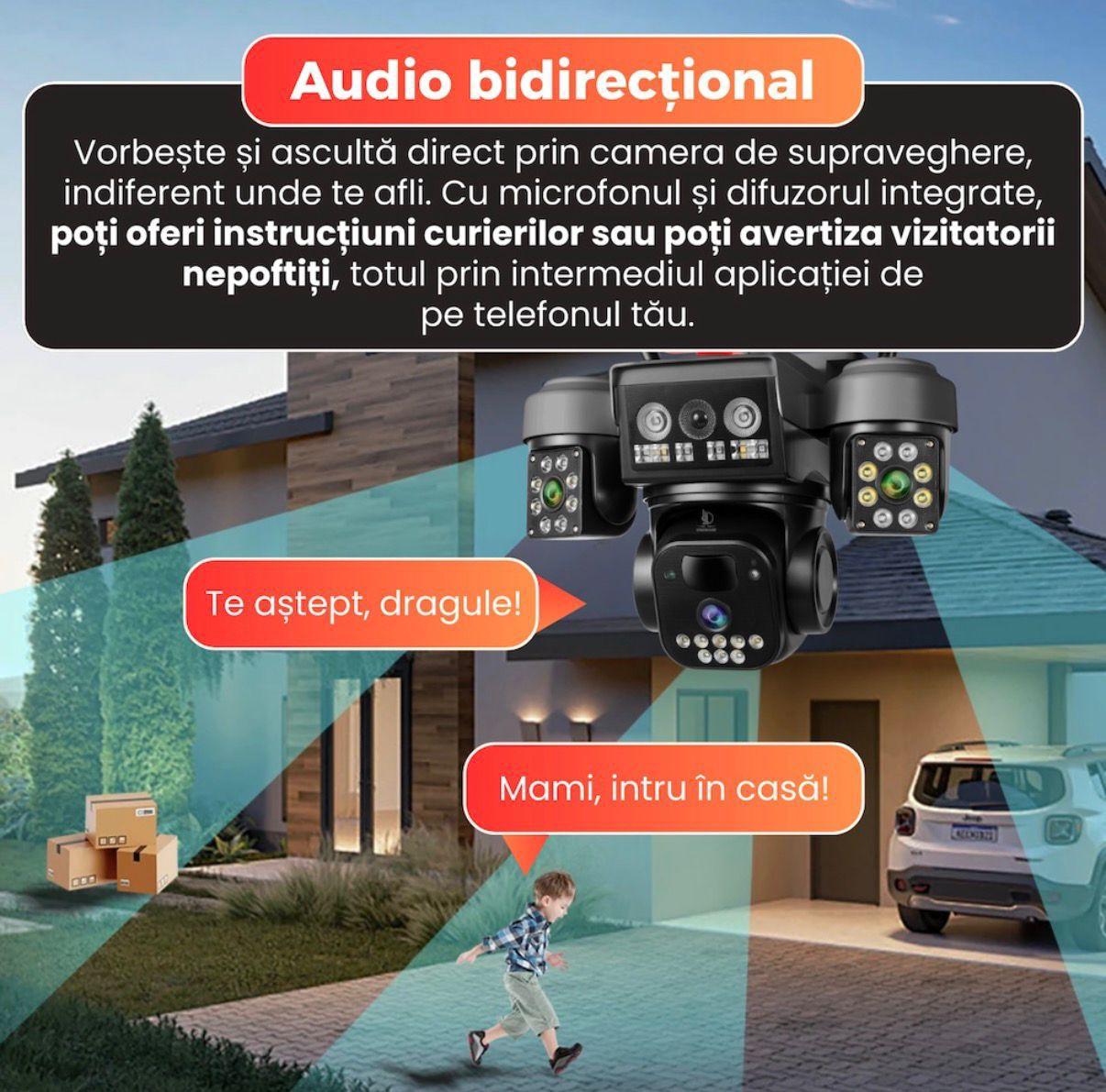 Camera Video PTZ 4G 12MP cu Alimentare Solara, IP66, Rotire 355°, Detectare Miscare si Audio Bidirectional