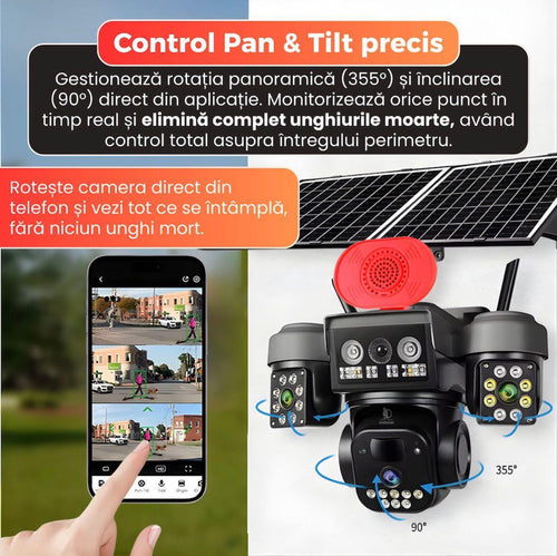 Camera Video PTZ 4G 12MP cu Alimentare Solara, IP66, Rotire 355°, Detectare Miscare si Audio Bidirectional