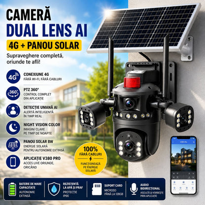 Camera Supraveghere Dual Lens AI 4G cu Panou Solar 8W, PTZ 360°, Detectie Umana, Night Vision Color si Aplicatie V380 Pro