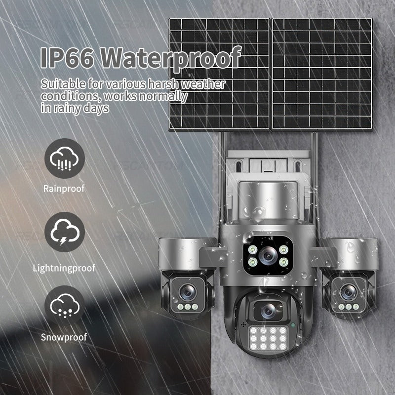 Cameră de Supraveghere 4G Solară 12MP cu 4 Lentile, AI Tracking 355°, Night Vision Color, Audio Bidirecțional și Stocare Cloud/SD