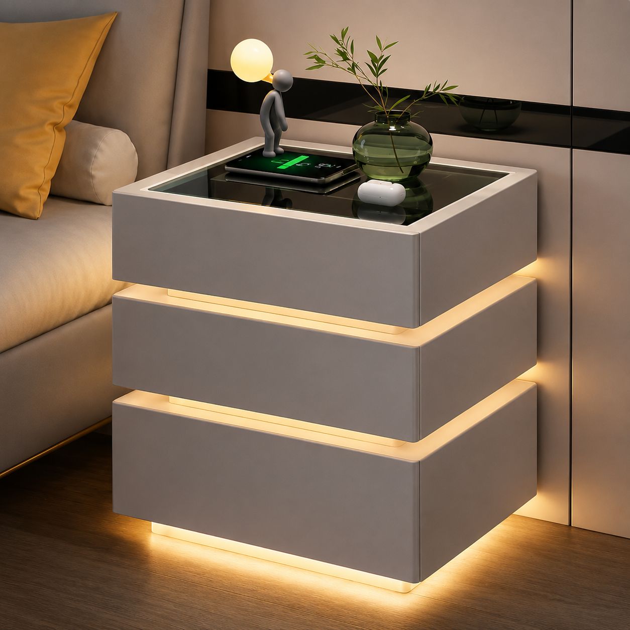 Noptieră Smart Multifuncțională cu 3 Sertare, LED 3 Culori, Încărcare Wireless + USB și Bluetooth, 50x40x72 cm, Gri Închis / Gri Deschis
