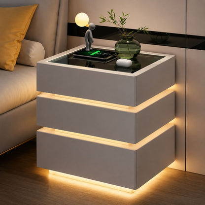 Noptieră Smart Multifuncțională cu 3 Sertare, LED 3 Culori, Încărcare Wireless + USB și Bluetooth, 50x40x72 cm, Gri Închis / Gri Deschis