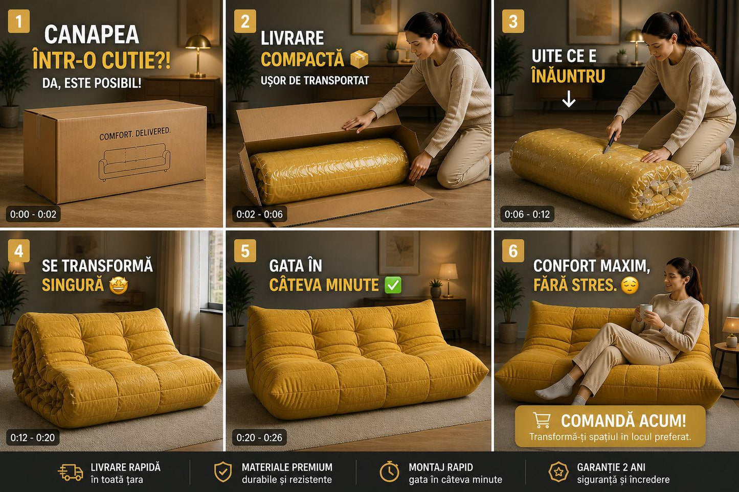 Canapea Lounge din Memory Foam HD Premium, 130 x 100 x 70 cm, Galben / Verde