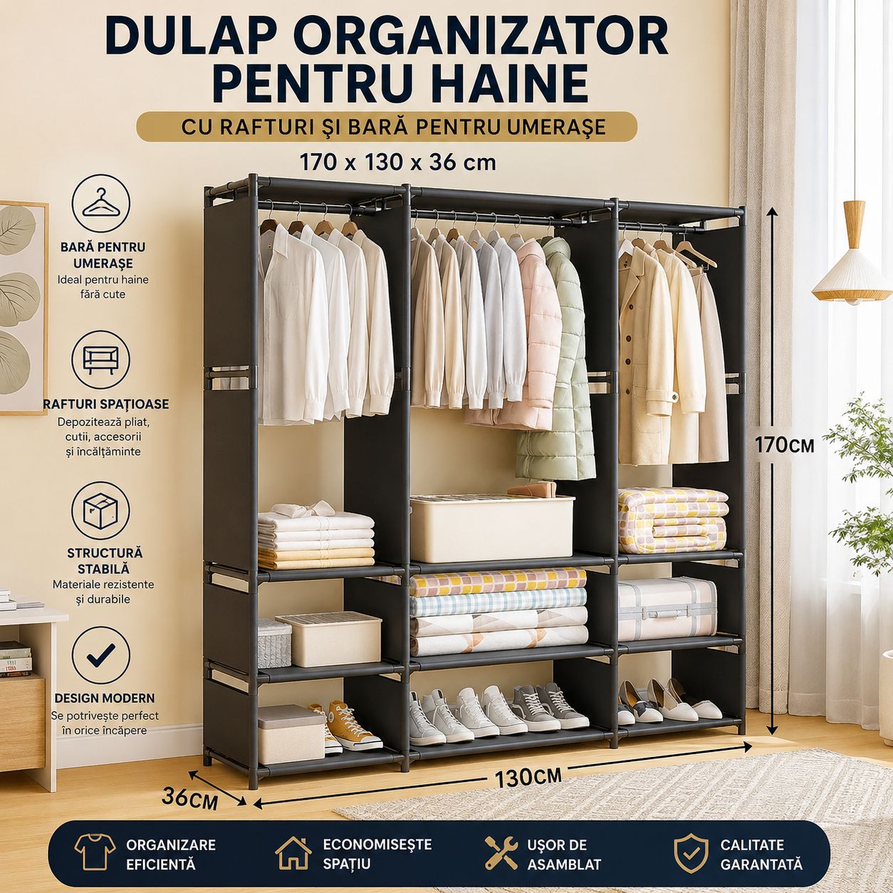Dulap Organizator pentru Haine cu Rafturi și Bară pentru Umerașe, 170 x 130 x 36 cm