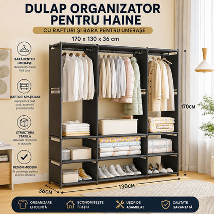 Dulap Organizator pentru Haine cu Rafturi și Bară pentru Umerașe, 170 x 130 x 36 cm