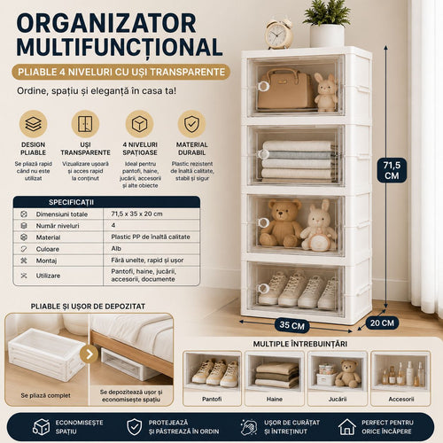 Organizator Multifunctional Pliabil cu 4 Niveluri si Usi Transparente, 71.5 x 35 x 20 cm – Dulap Depozitare Ingust pentru Spatii Mici