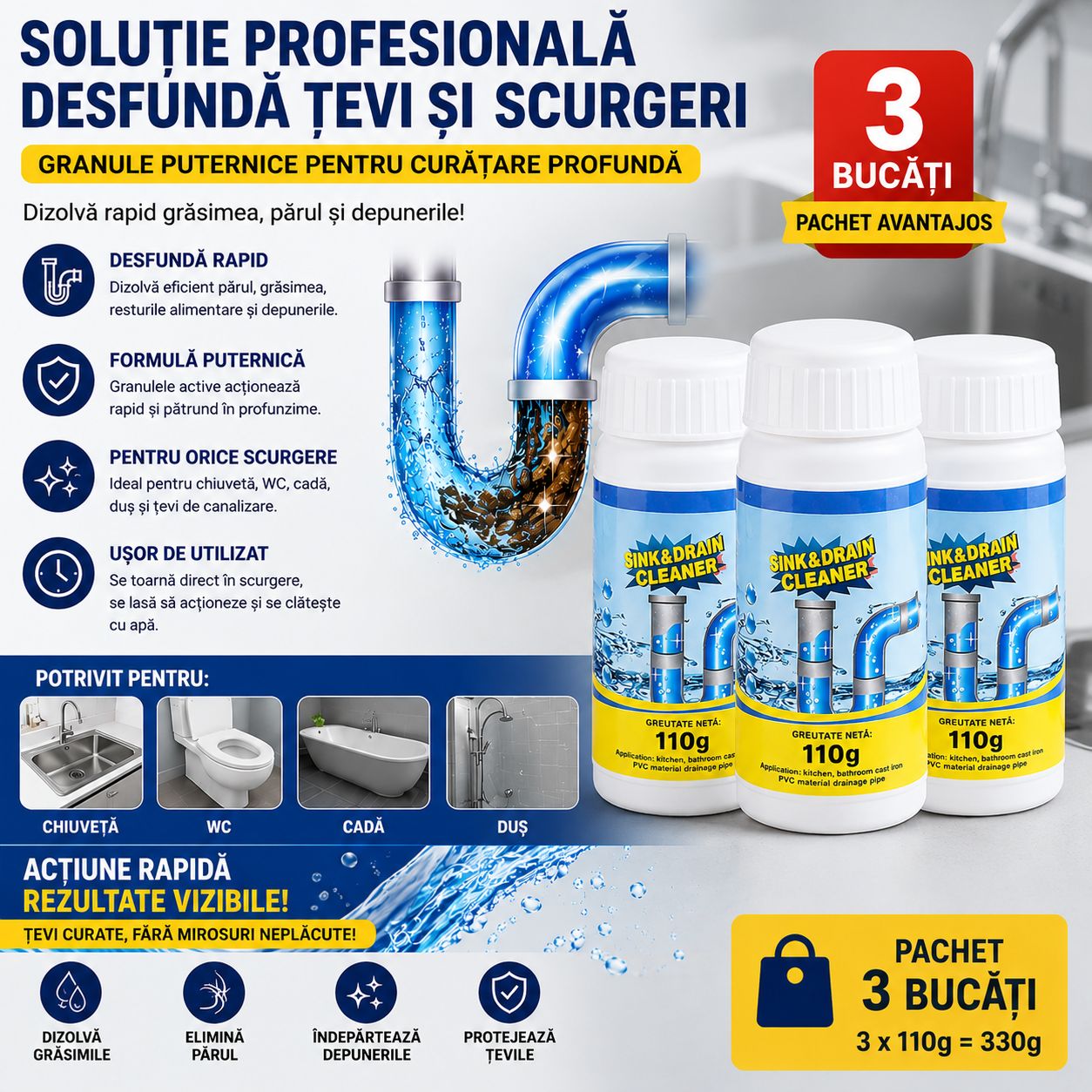 Pachet 3 x Soluție Profesională Desfundare Țevi și Scurgeri 110g, Granule Puternice pentru Chiuvetă, WC, Cadă și Duș, Cleaner Canalizare pentru