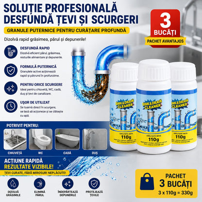 Pachet 3 x Soluție Profesională Desfundare Țevi și Scurgeri 110g, Granule Puternice pentru Chiuvetă, WC, Cadă și Duș, Cleaner Canalizare pentru