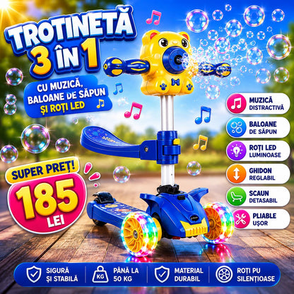 Trotinetă Copii cu Bule de Săpun și LED – 3 Roți, Muzică, Pliabilă, Ghidon Reglabil, 3–8 Ani