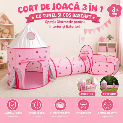 Cort de Joacă Copii 3 în 1 cu Tunel și Coș Baschet, Roz – Spațiu Distractiv pentru Interior și Exterior