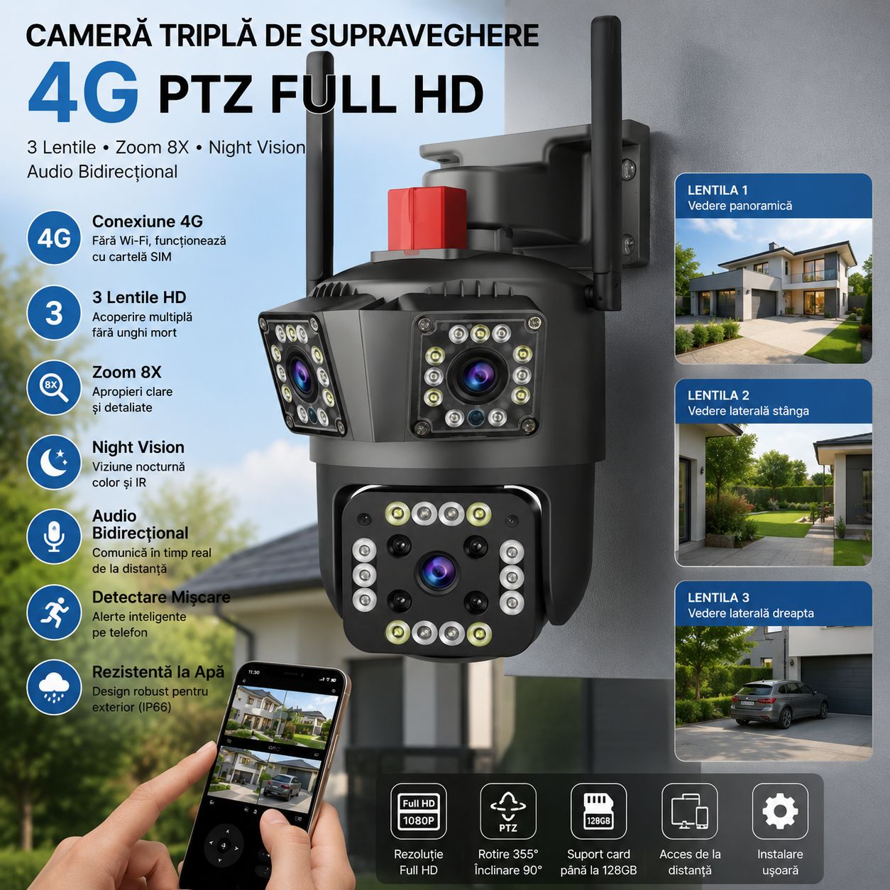 Camera Triplă de Supraveghere 4G PTZ Full HD cu 3 Lentile, Zoom 8X, Night Vision și Audio Bidirecțional
