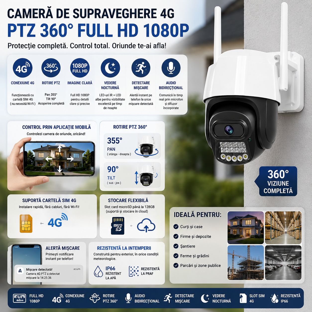 Cameră de Supraveghere 4G PTZ 360° Full HD 1080P Exterior, Rotire Pan-Tilt, Vedere Nocturnă, Detectare Mișcare, Audio Bidirecțional, Slot SIM 4G