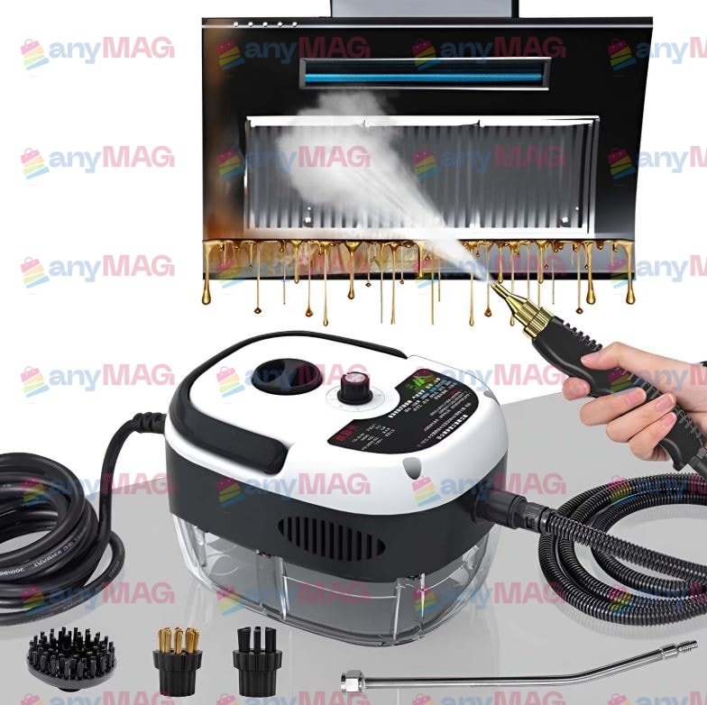 Aparat de Curățat cu Abur Portabil 2500W, 3Bar, Rezervor 1L, Încălzire Rapidă 10s, 6 Trepte Abur, 4 Accesorii, 3 Perii, Alb/Negru, 19×15×13 cm