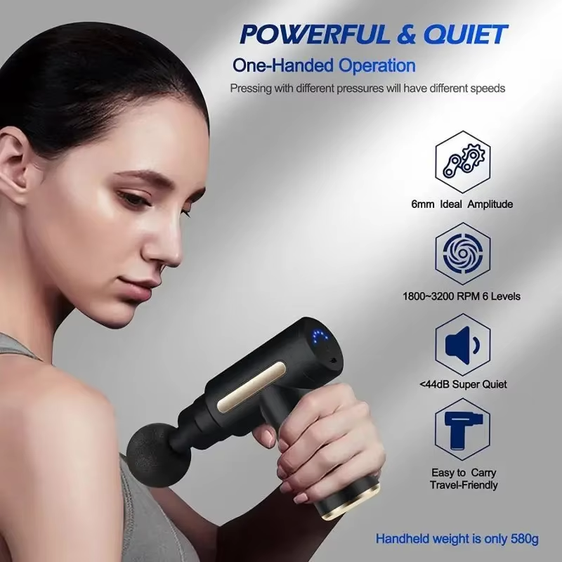 Aparat masaj percutie profesional tip pistol, 6 viteze, 4 capete, afișaj LCD touch, 3600 percuții, baterie 1800 mAh, încărcare USB-C
