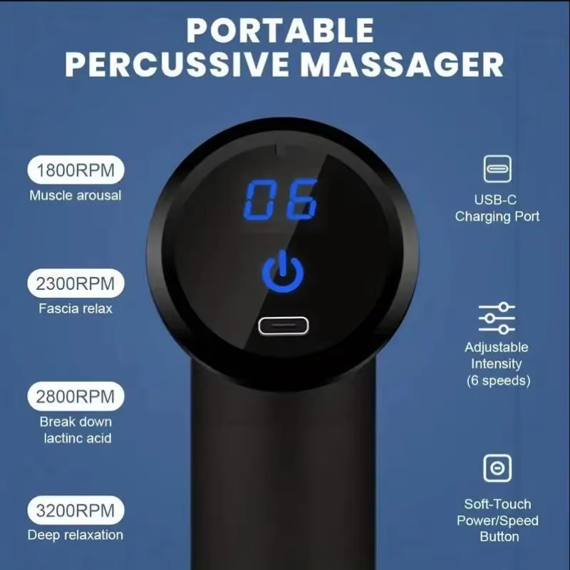 Aparat masaj percutie profesional tip pistol, 6 viteze, 4 capete, afișaj LCD touch, 3600 percuții, baterie 1800 mAh, încărcare USB-C