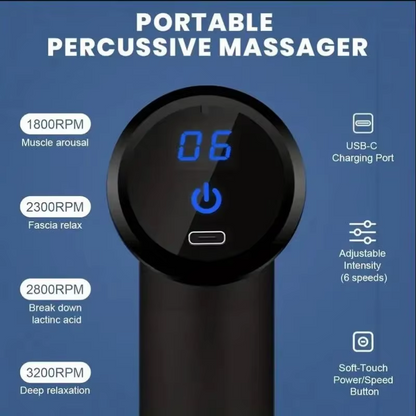Aparat masaj percutie profesional tip pistol, 6 viteze, 4 capete, afișaj LCD touch, 3600 percuții, baterie 1800 mAh, încărcare USB-C