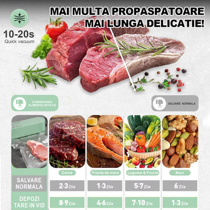 Aparat de Vidat și Sigilat Portabil 3 în 1 – 60kPa, Reîncărcabil, 30 cm, Digital LED, Vidare Umedă/Uscată, Pungi Incluse, Verde