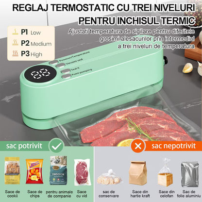 Aparat de Vidat și Sigilat Portabil 3 în 1 – 60kPa, Reîncărcabil, 30 cm, Digital LED, Vidare Umedă/Uscată, Pungi Incluse, Verde