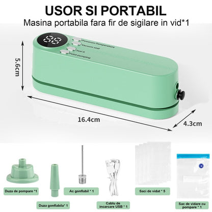 Aparat de Vidat și Sigilat Portabil 3 în 1 – 60kPa, Reîncărcabil, 30 cm, Digital LED, Vidare Umedă/Uscată, Pungi Incluse, Verde