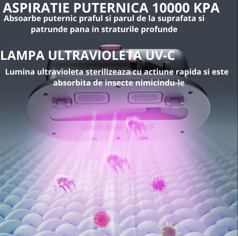 Aspirator Portabil Anti-Acarieni 10000Pa cu UVC și Filtru HEPA – Ideal pentru Saltele, Canapele și Covoare