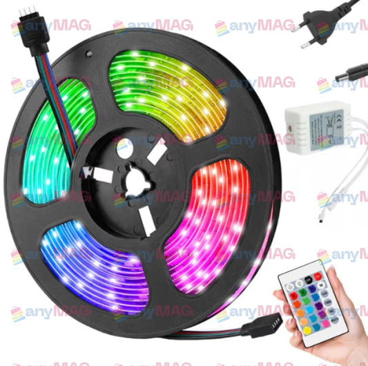 Bandă LED RGB 5m cu Telecomandă și Transformator – 300 LED-uri, IP65, Lumină Multicoloră pentru Interior & Exterior