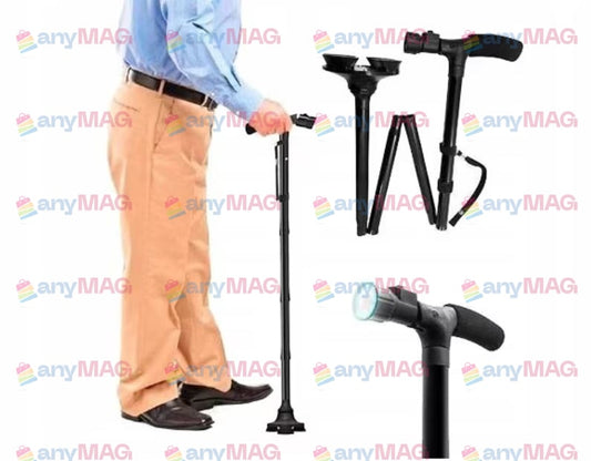 Baston Pliabil LED cu 3 Puncte de Sprijin – Reglabil 84-94 cm, Maner Ergonomic, Anti-Alunecare, Ideal pentru Persoane în Vârstă și Drumeții