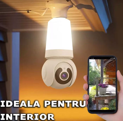 Cameră de supraveghere Wi-Fi tip bec E27 pentru interior, 3MP HD, cu alarmă, detectare mișcare și card 64GB