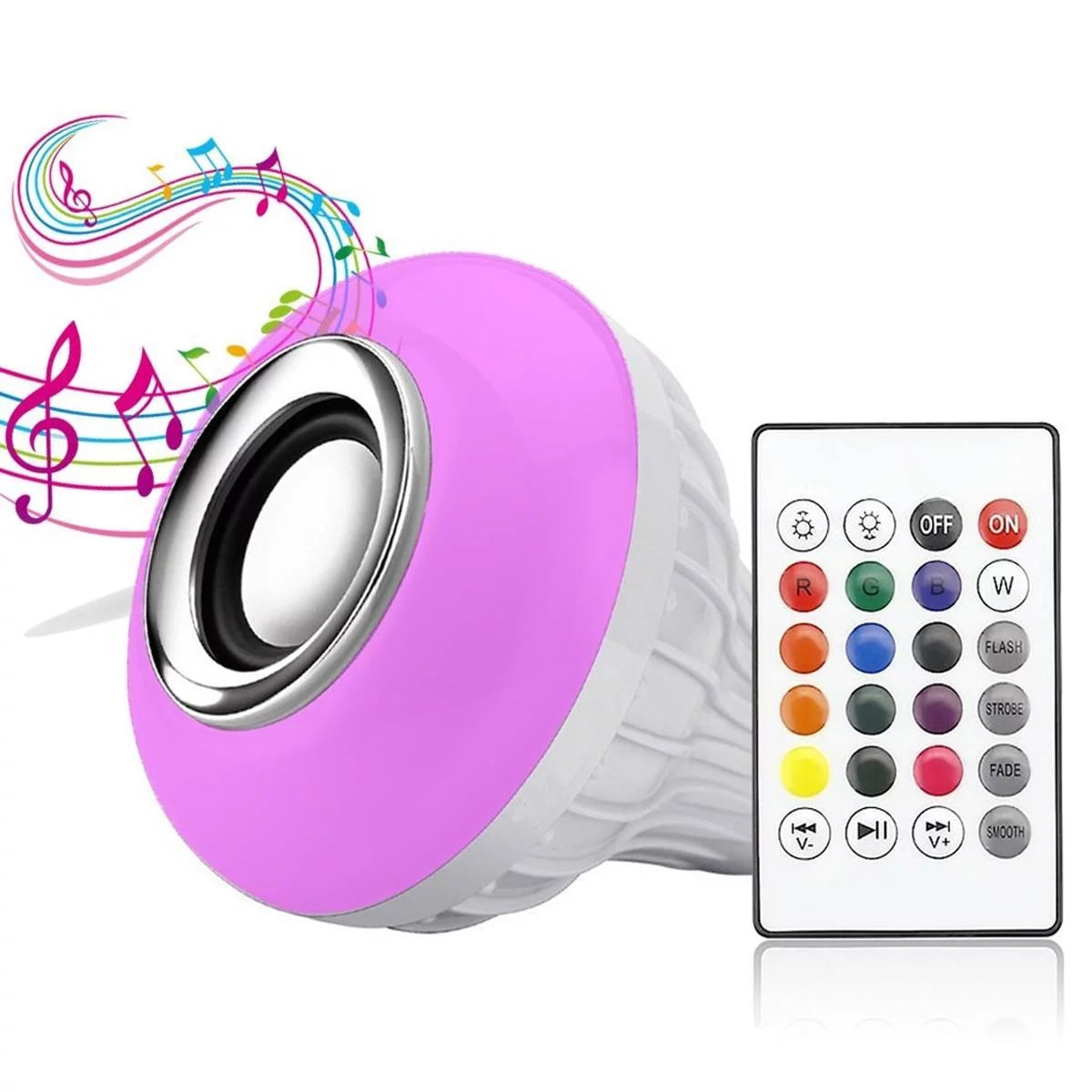 Bec LED RGB cu Difuzor Bluetooth Integrat E27 7W – Lampă Inteligentă cu Telecomandă, Boxă 3W, Iluminare Colorată pentru Petreceri și Ambient