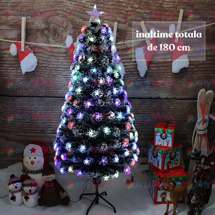 Brad Artificial 180 cm cu Fibra Optică & 200 LED-uri RGB – Suport Metalic, Transformator și Vârf Stea Incluse