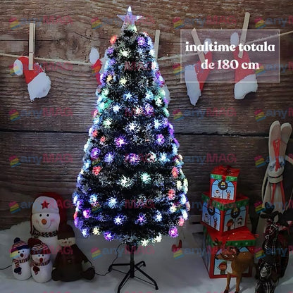 Brad Artificial 180 cm cu Fibra Optică & 200 LED-uri RGB – Suport Metalic, Transformator și Vârf Stea Incluse