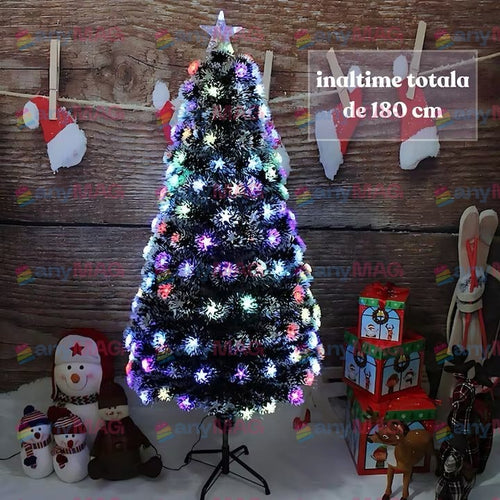 Brad Artificial 180 cm cu Fibra Optică & 200 LED-uri RGB – Suport Metalic, Transformator și Vârf Stea Incluse