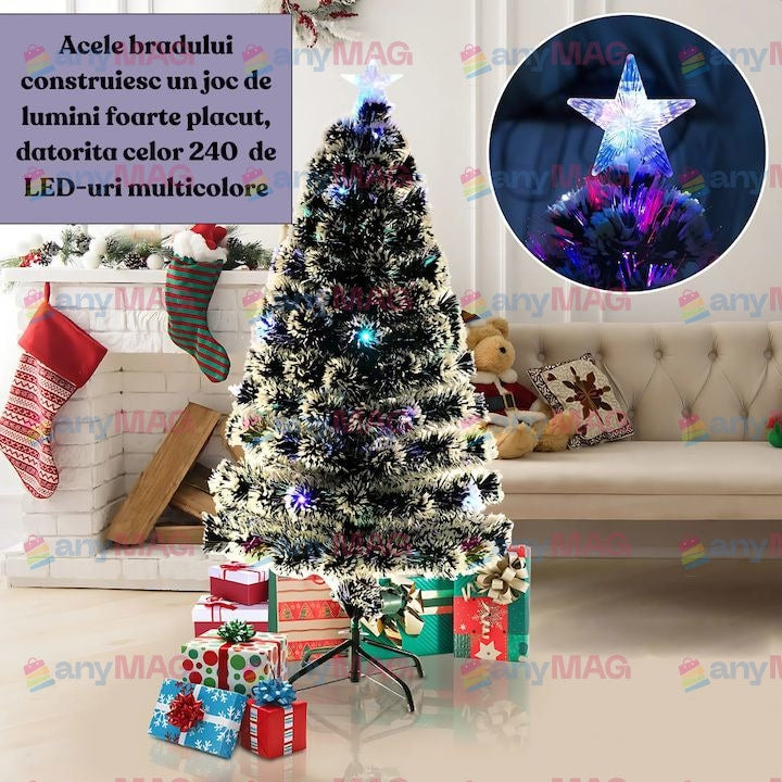 Brad Artificial de Crăciun 210 cm cu Fibra Optică, 240 LED-uri RGB, Suport Metalic, Transformator și Vârf Stea – IP20, Verde