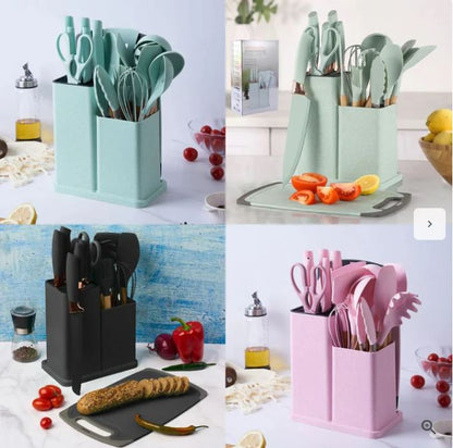 Set Ustensile Bucătărie Premium – 19 Piese din Silicon Alimentar și Lemn Natural, Termorezistente, Antiaderente, cu Suport de Blat Inclus