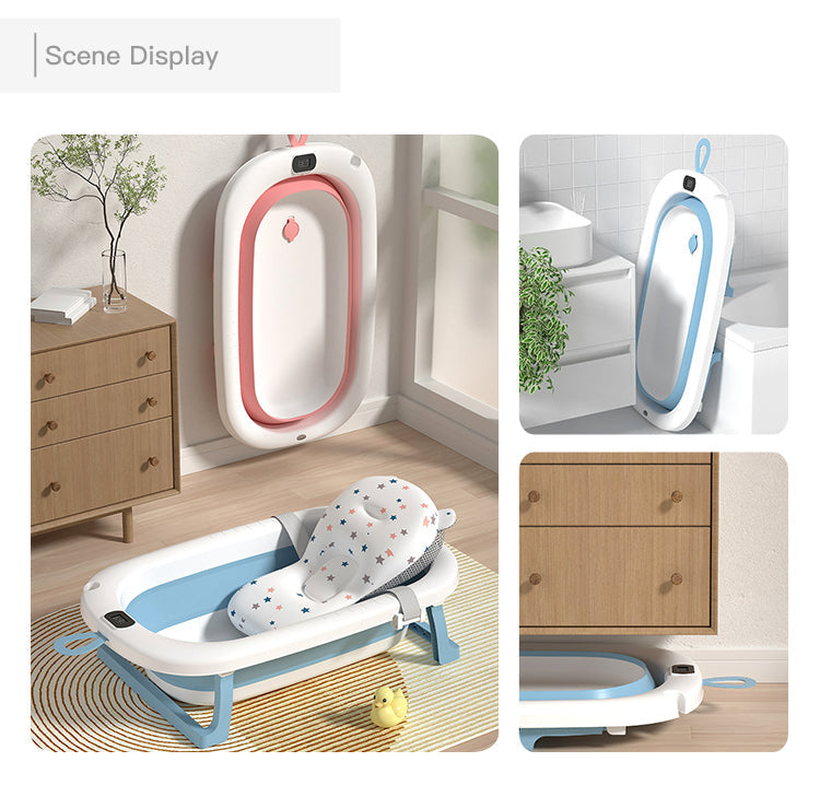 Cadita Pliabila pentru Bebelusi Premium cu Termometru Electronic si Picioare Antiderapante, Silicon + ABS, Fara BPA, Multifunctionala, Economisire