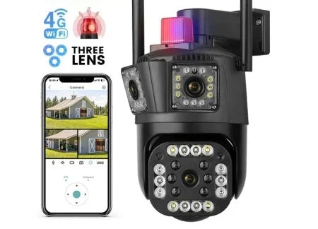 Camera Triplă de Supraveghere 4G PTZ Full HD cu 3 Lentile, Zoom 8X, Night Vision și Audio Bidirecțional