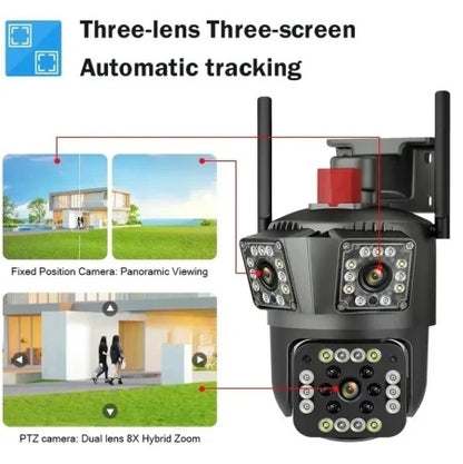 Camera Triplă de Supraveghere 4G PTZ Full HD cu 3 Lentile, Zoom 8X, Night Vision și Audio Bidirecțional