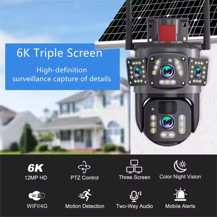 Cameră de Supraveghere 4G cu Panou Solar, Dual Lens PTZ 4MP Full HD, Zoom 10X, Night Vision Color, AI Tracking și Audio Bidirecțional