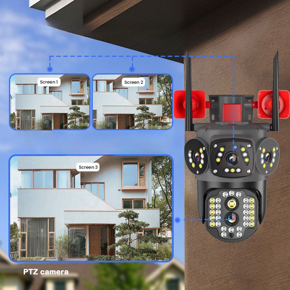 Cameră de supraveghere tripla 4G cu alarmă dublă – 10MP Ultra HD, zoom 10X