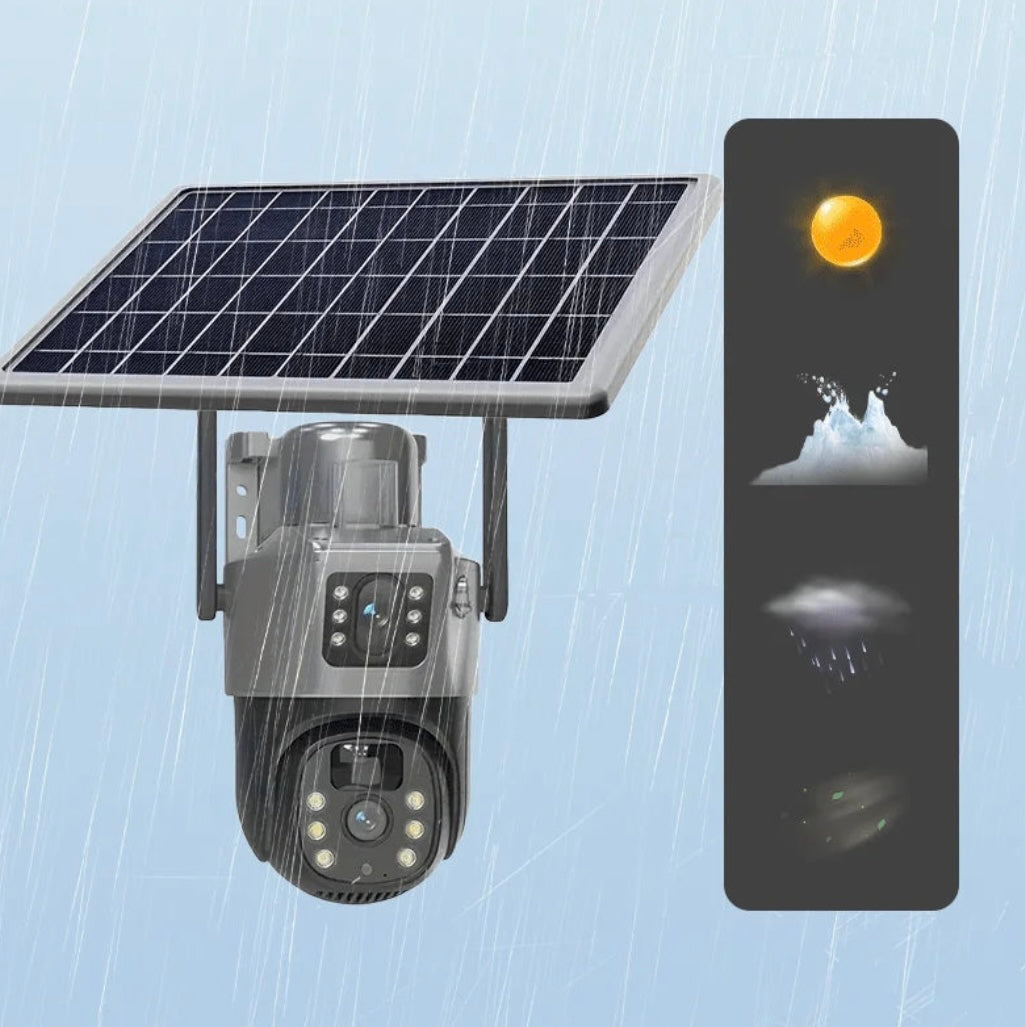 Cameră Supraveghere 4K cu Panou Solar – Dubla Lentilă, 360°, Zoom 10X + Card 32GB !