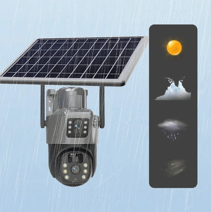 Cameră Supraveghere 4K cu Panou Solar – Dubla Lentilă, 360°, Zoom 10X + Card 32GB !