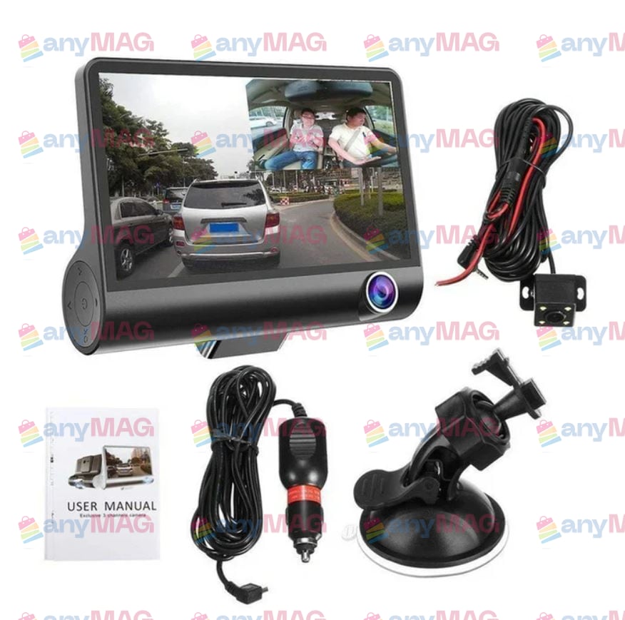 Cameră Auto TRIPLĂ Full HD cu Ecran 4" Touchscreen – Unghi 170°, Camere Față/Spate/Interior, WDR, Funcție Parcare
